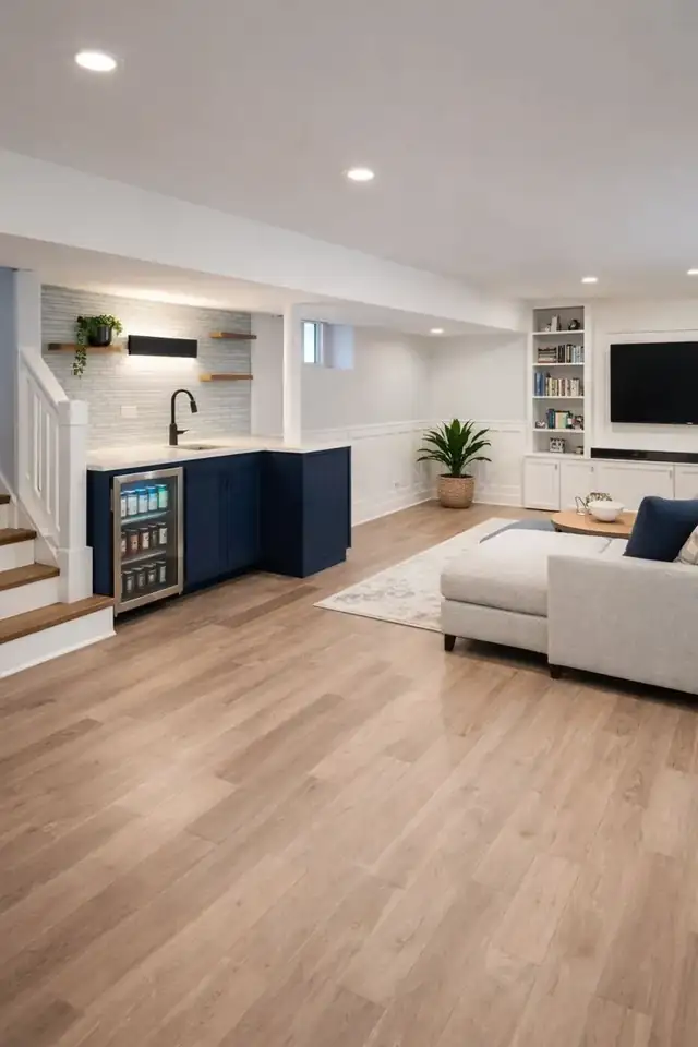 Chicago basement remodel with navy wet bar, open shelving and light wood-look flooring