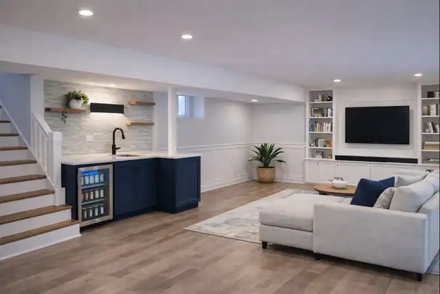 Finished basement in Lincoln Park, Chicago with navy wet bar, beverage fridge, white built-in shelving and wall-mounted TV