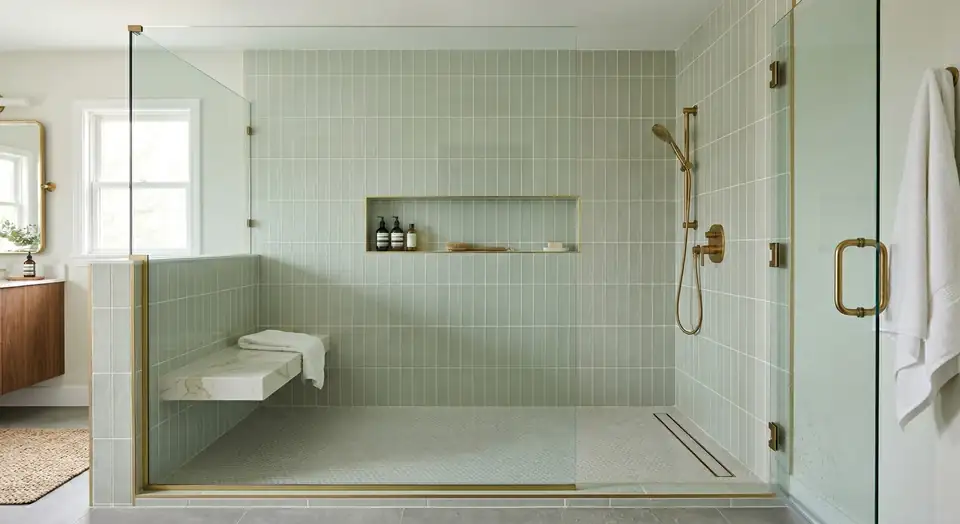 Bathroom remodeling Chicago: tub-to-shower conversion with sage green tile, floating stone bench, long wall niche and frameless glass door with brass hardware